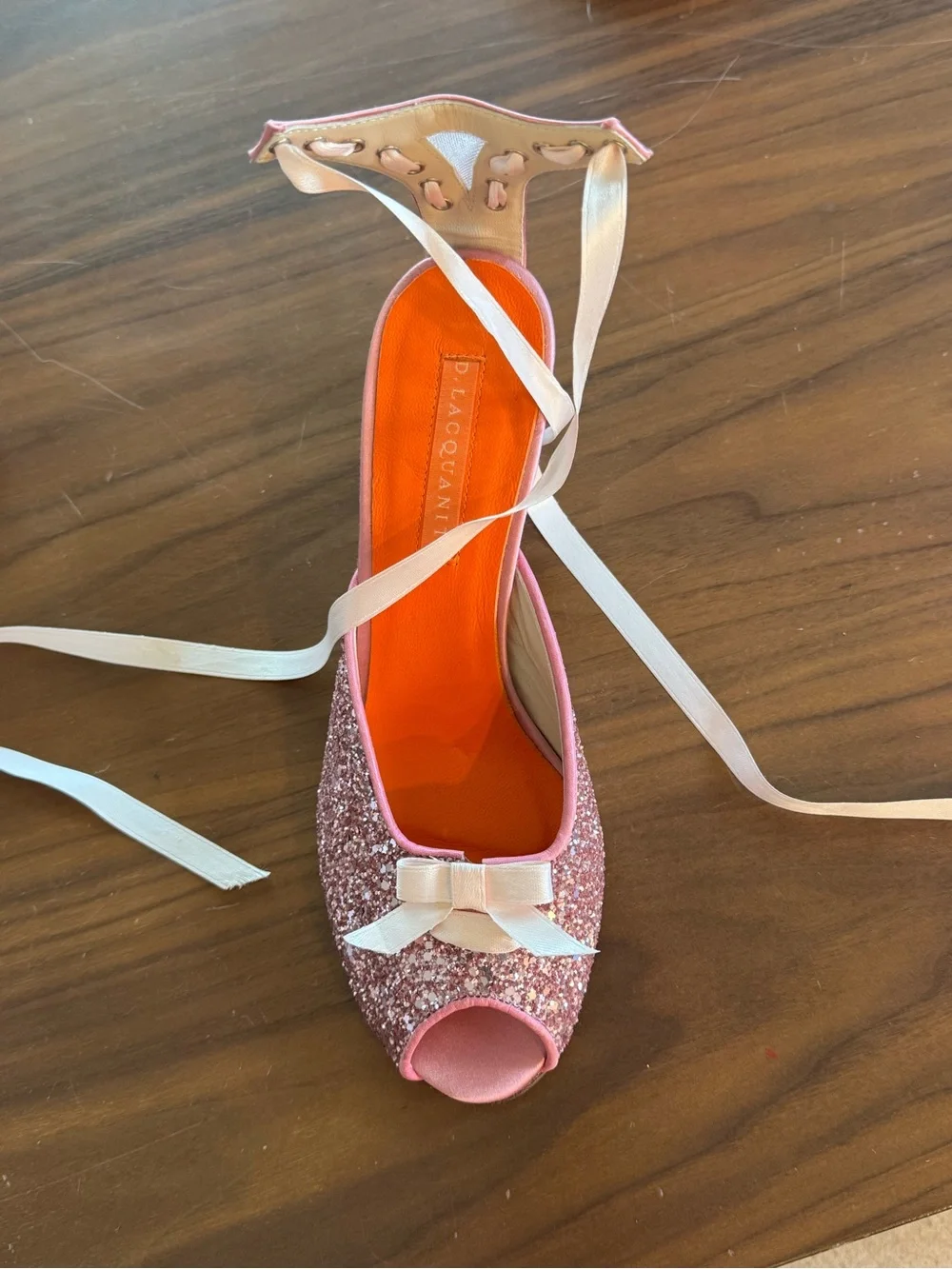 D. Lacquaniti Pink Glitter Peep Toe Lace-Up Ribbon Heels Size 37 / US 7